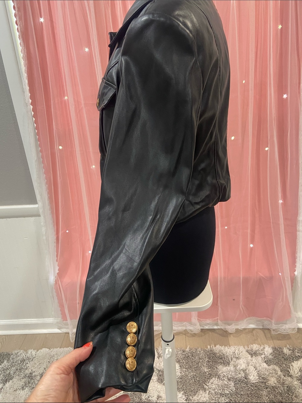 Avec Les Filles Black Faux Leather Jacket with Gold Buttons size XL - Picture 7 of 13